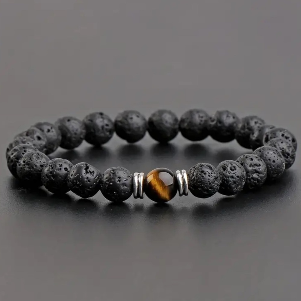 NEW Vintage Style Mens Natural Black Lava Stone Bread Bracelet Tiger Eye